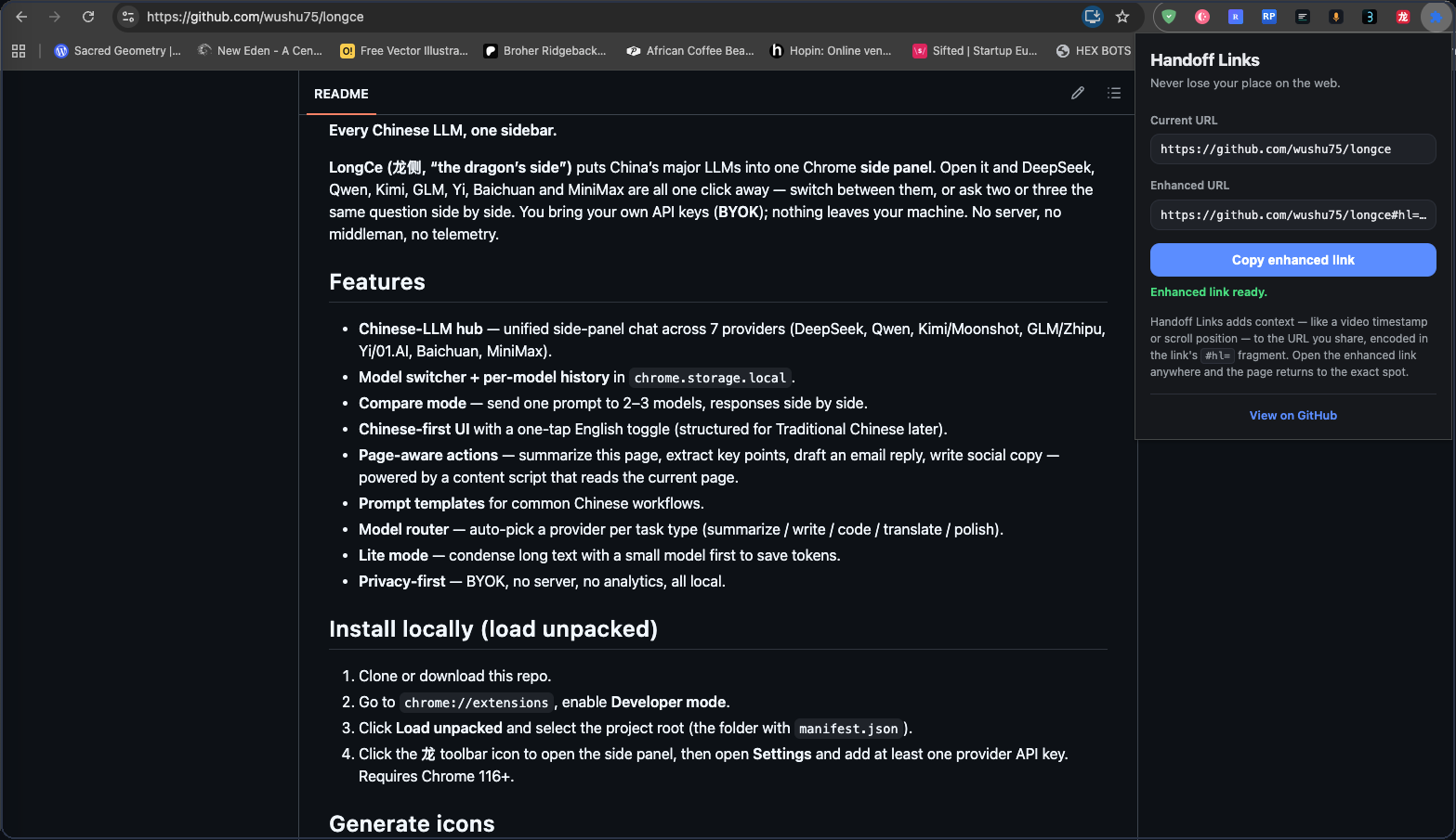 Handoff Links popup open on a GitHub README, showing the current URL, the enhanced URL, and an 'Enhanced link ready' confirmation.